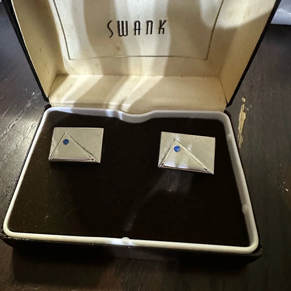 Vintage Vintage Swank Silver Tone Cuff Links Set w/ Blue Stones and Case